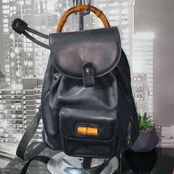 Gucci Black Leather Backpack with Bamboo Accent - Picture 10 of 16